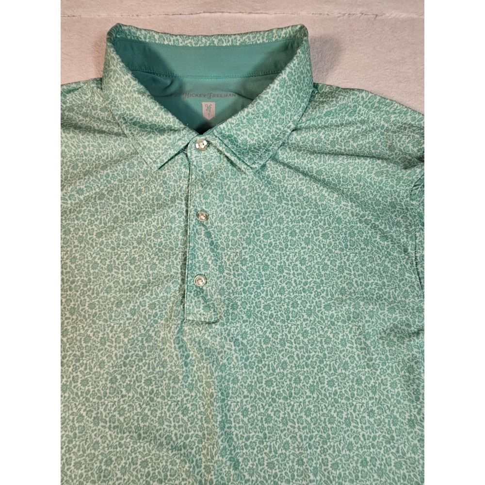 Hickey Freeman Golf Polo Shirt Mens XL Teal Floral Performance Stretch Short Slv